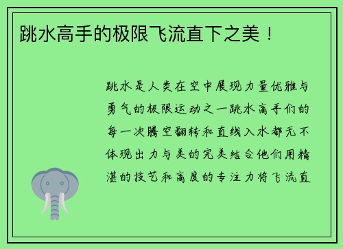 跳水高手的极限飞流直下之美 !